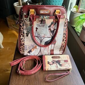 Nicole Lee Red Leopard Café Illustration Crossbody with Matching Wallet